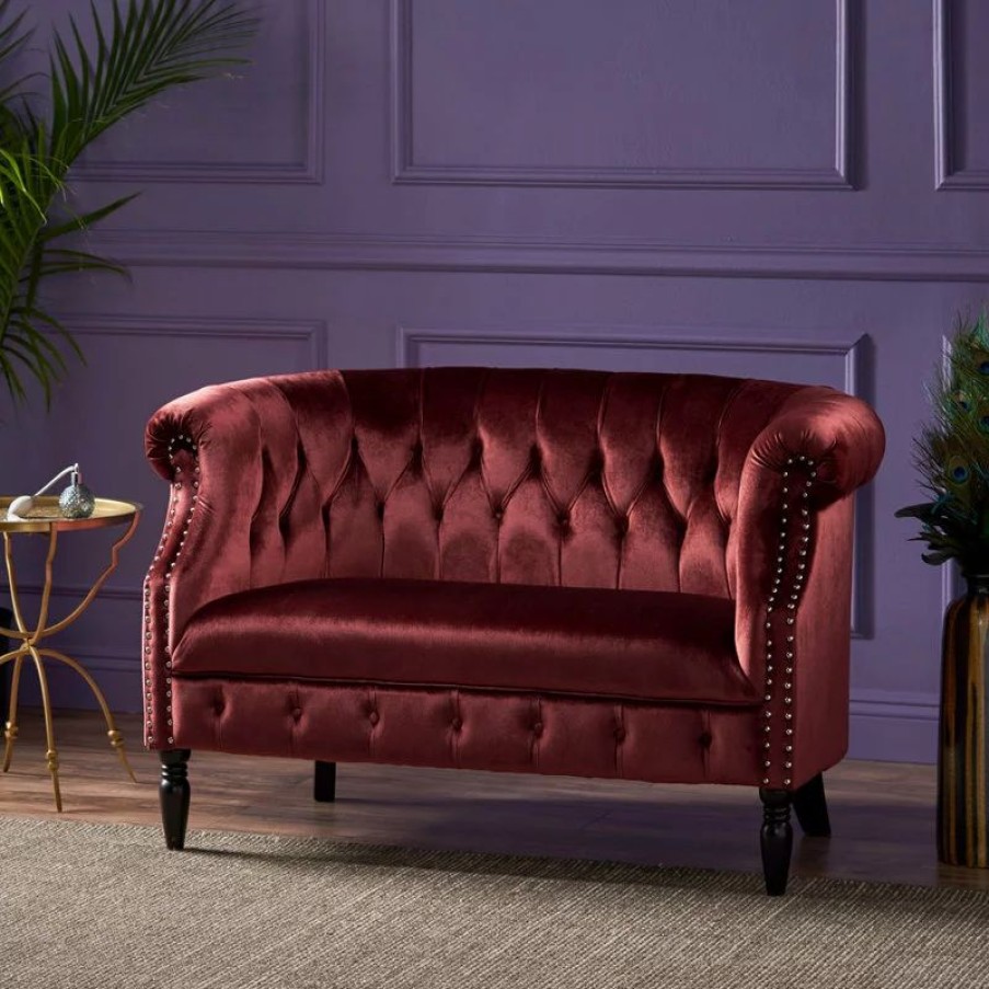 Sofas & Sectionals * | Gdfstudio Melaina Tufted Chesterfield Velvet Loveseat With Scrolled Arms