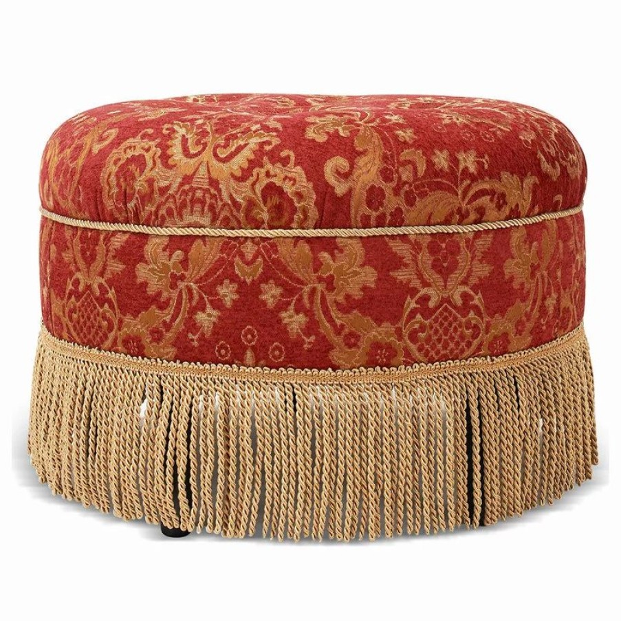 Footstools & Ottomans * | Jennifer Taylor Home Yolanda Tufted Round Ottoman With Bullion Trim, Red Gold Jacquard
