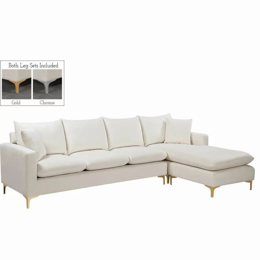 Sofas & Sectionals * | Meridian Furniture Naomi 3-Piece Velvet Reversible Sectional, Gold And Chrome Leg Set, Cream