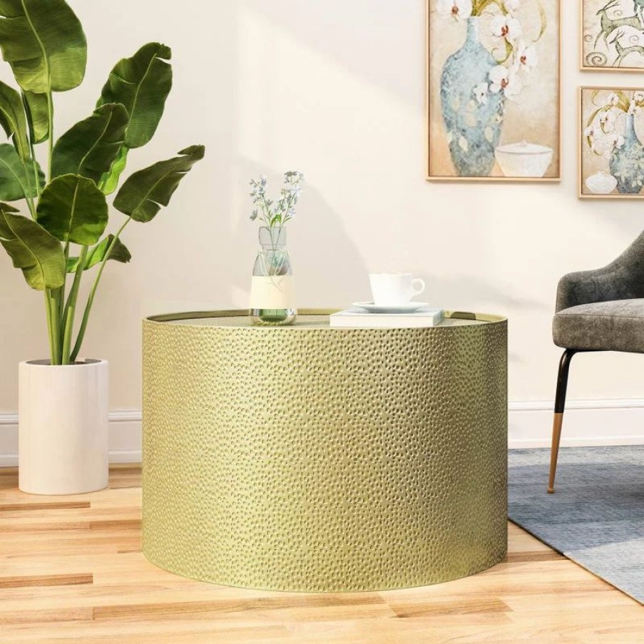 Coffee & Accent Tables * | Gdfstudio Rache Modern Round Accent Table With Hammered Iron, Gold