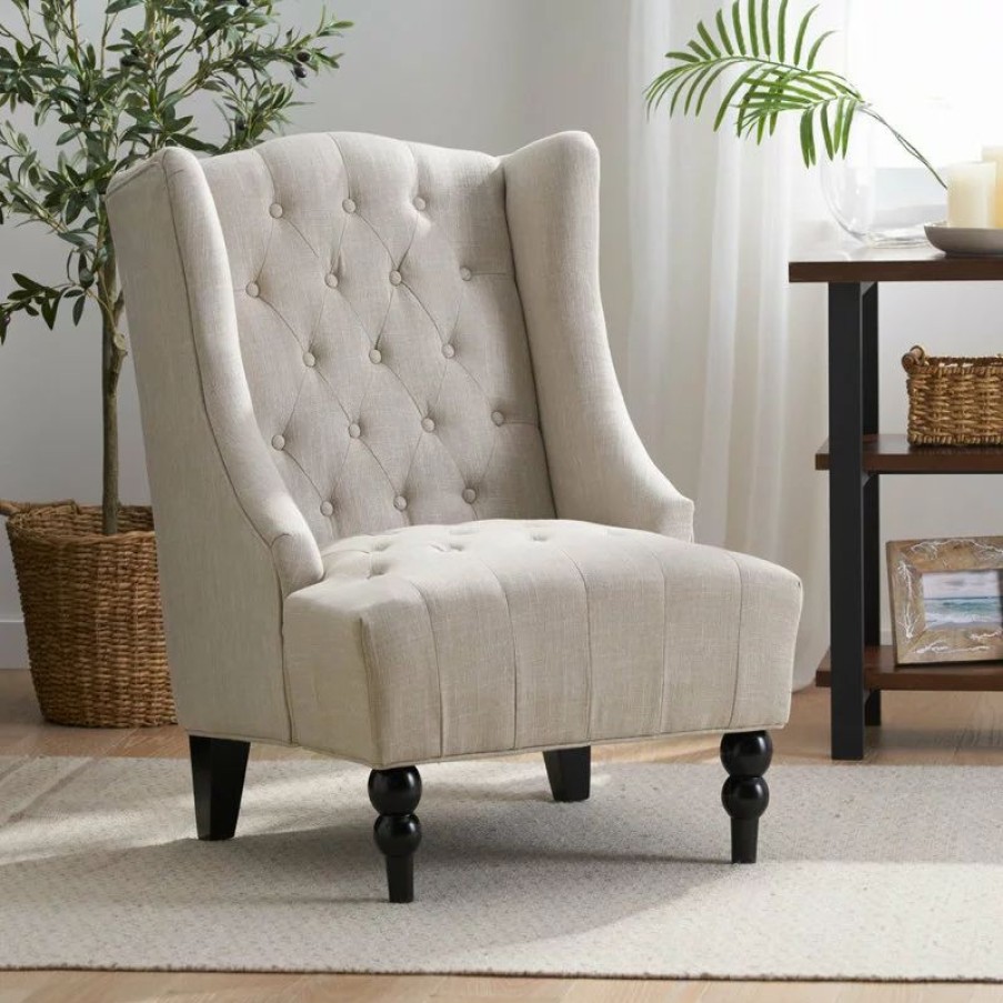 Chairs * | Gdfstudio Gdf Studio Clarice Tall Wingback Tufted Fabric Accent Chair, Light Beige