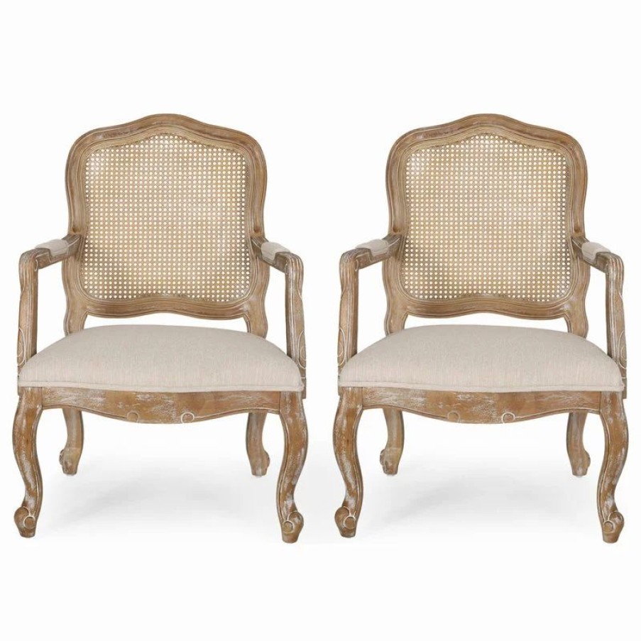 Chairs * | Gdfstudio Biorn French Country Upholstered Dining Armchair, Beige + Natural, Set Of 2