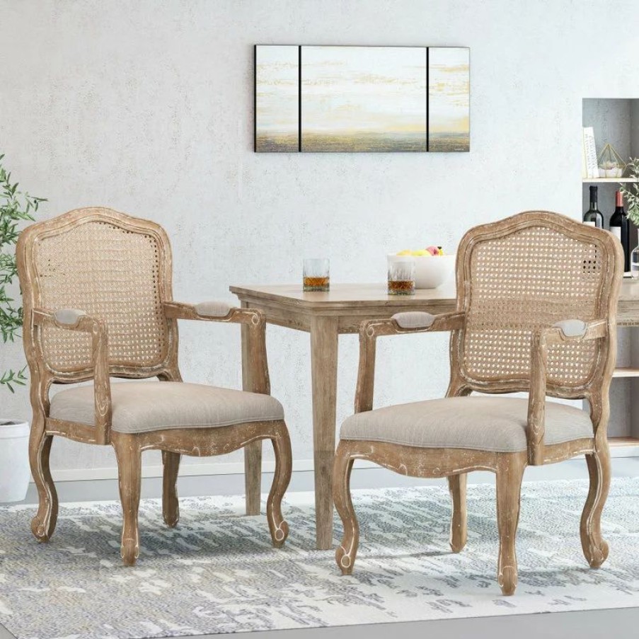 Chairs * | Gdfstudio Biorn French Country Upholstered Dining Armchair, Beige + Natural, Set Of 2
