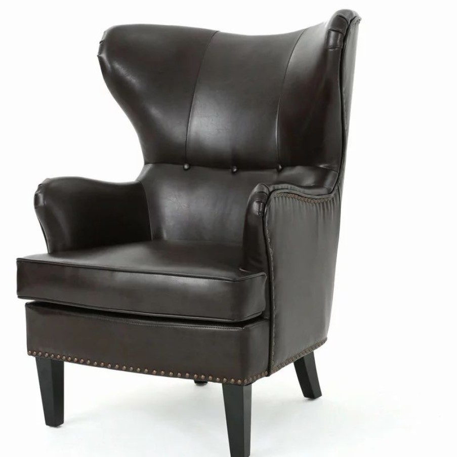Chairs * | Gdfstudio Gdf Studio Romford Bonded Leather Wingback Club Chair, Brown