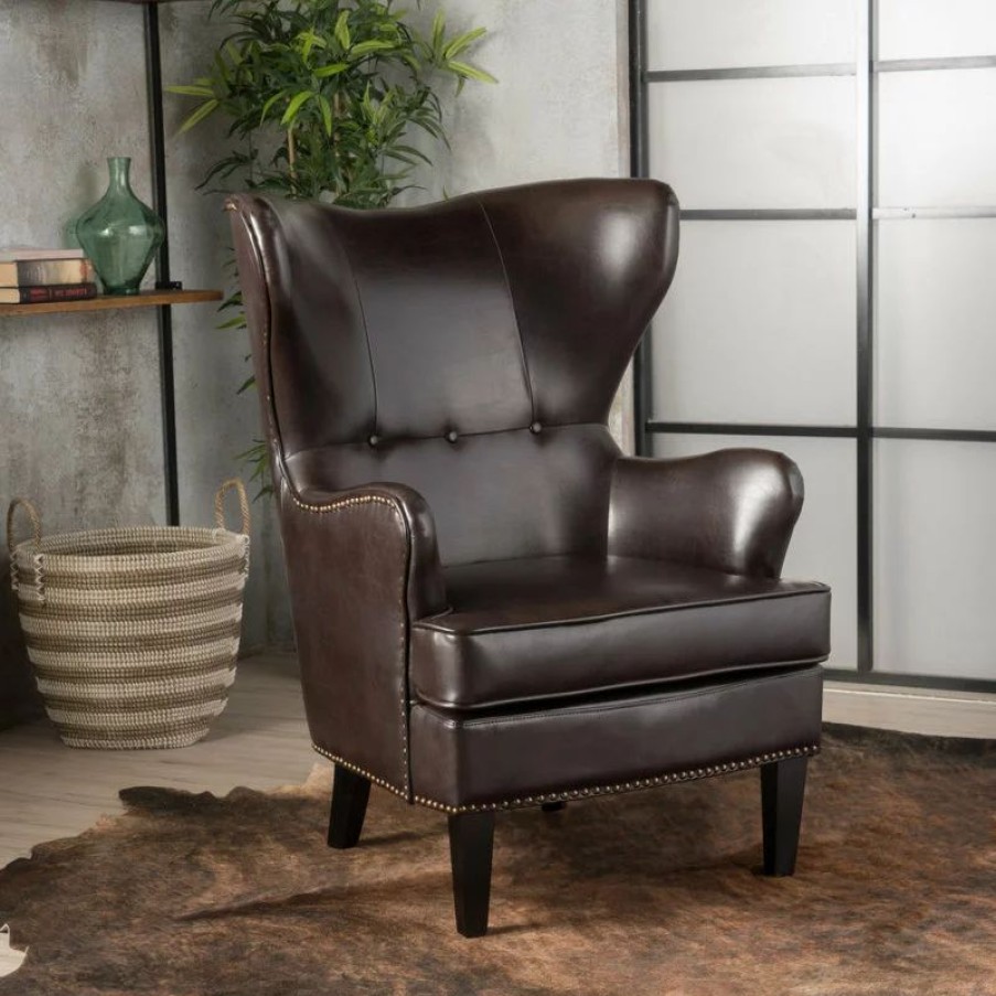 Chairs * | Gdfstudio Gdf Studio Romford Bonded Leather Wingback Club Chair, Brown
