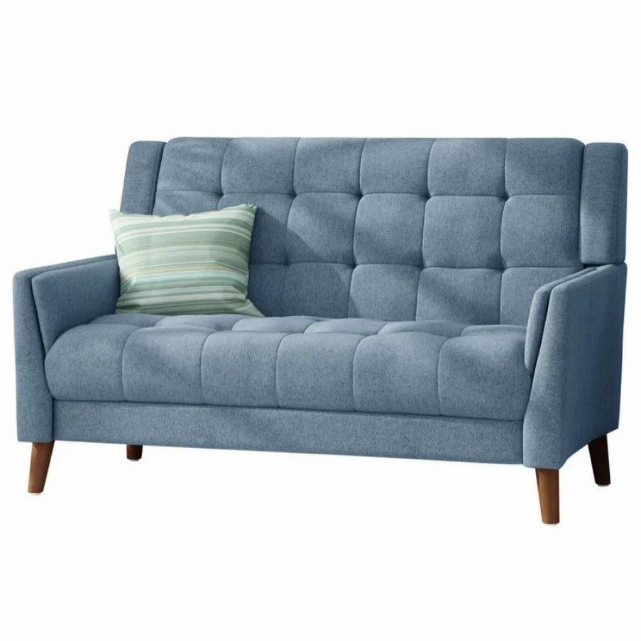 Sofas & Sectionals * | Gdfstudio Gdf Studio Evelyn Mid Century Modern Fabric Loveseat, Blue/Walnut