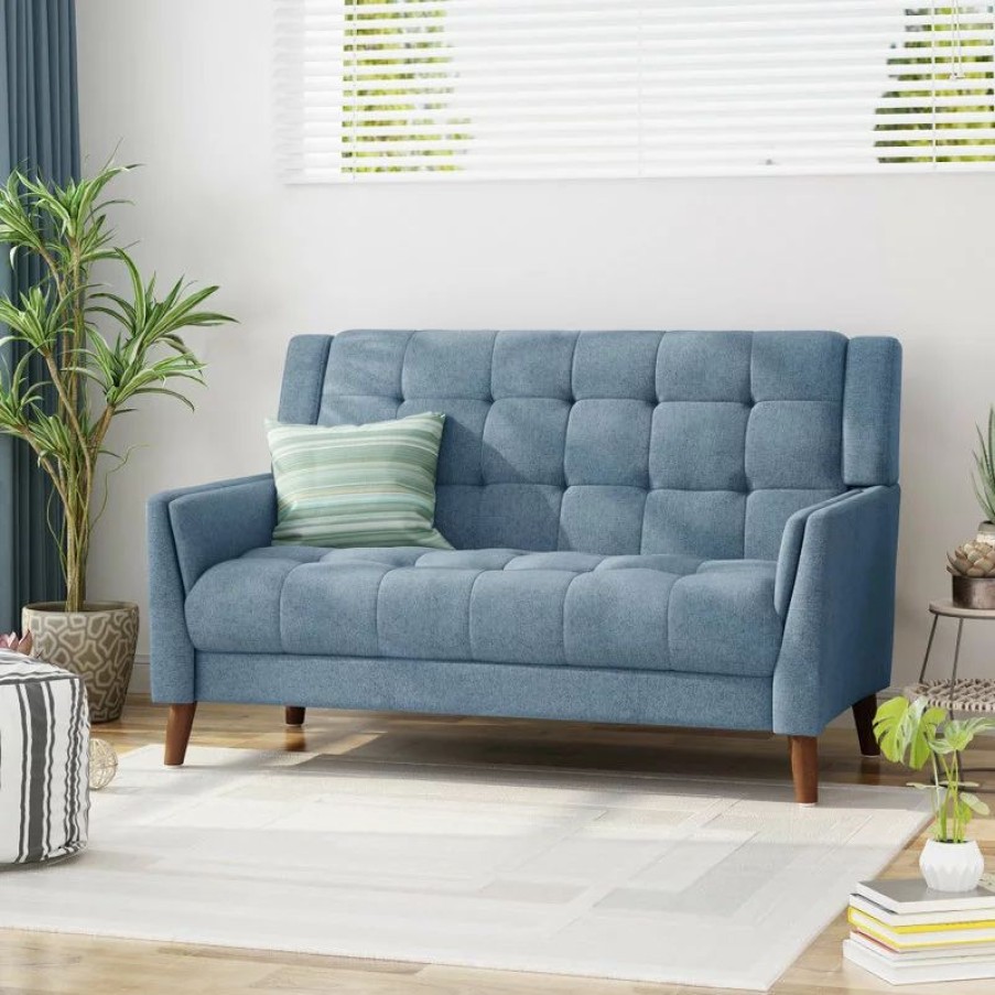 Sofas & Sectionals * | Gdfstudio Gdf Studio Evelyn Mid Century Modern Fabric Loveseat, Blue/Walnut