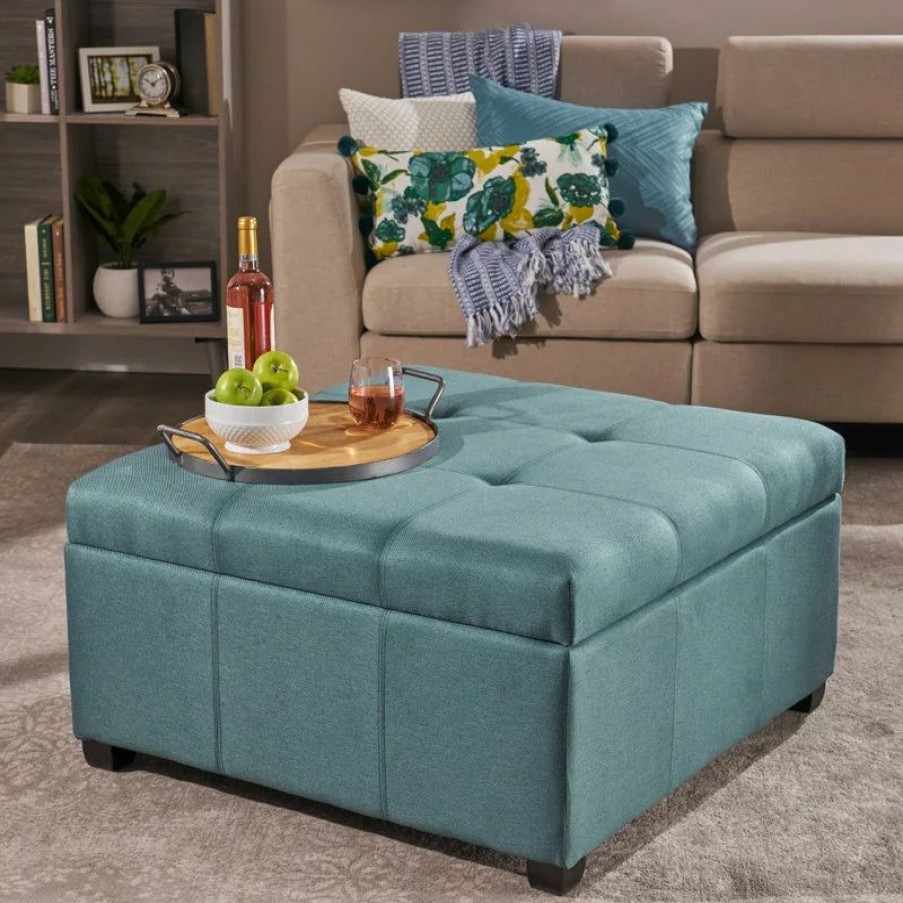 Footstools & Ottomans * | Gdfstudio Gdf Studio Carlyle Fabric Storage Ottoman, Dark Teal Fabric