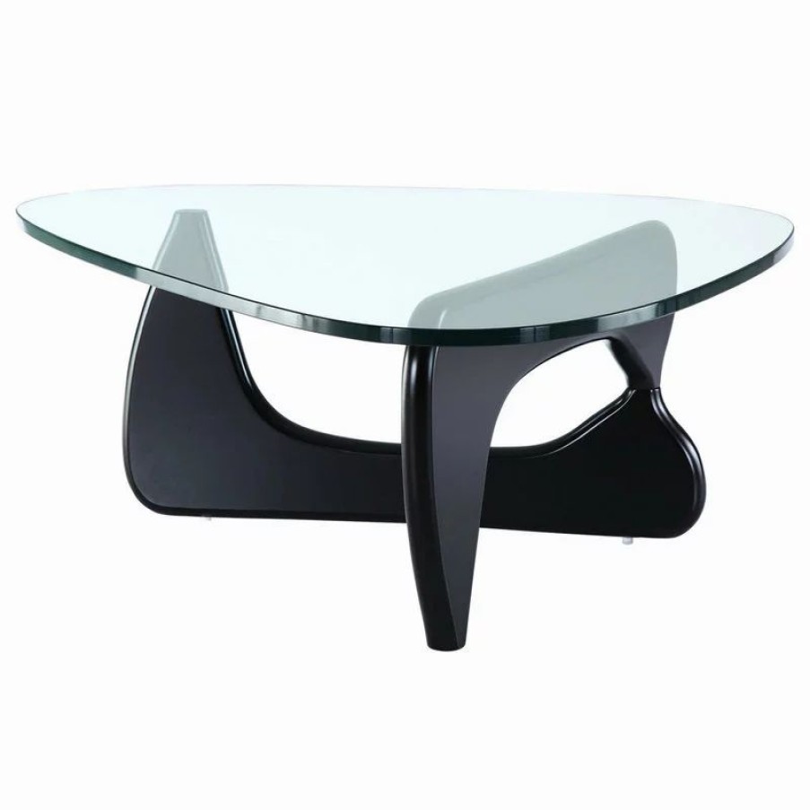 Coffee & Accent Tables * | Interior Modern Abstract Triangle Glass Top Modern Coffee Table Wooden Base, Black