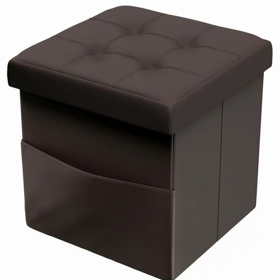 Footstools & Ottomans * | Lavish Home Faux Leather Ottoman Cube With Pocket, Brown