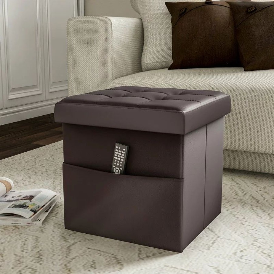 Footstools & Ottomans * | Lavish Home Faux Leather Ottoman Cube With Pocket, Brown