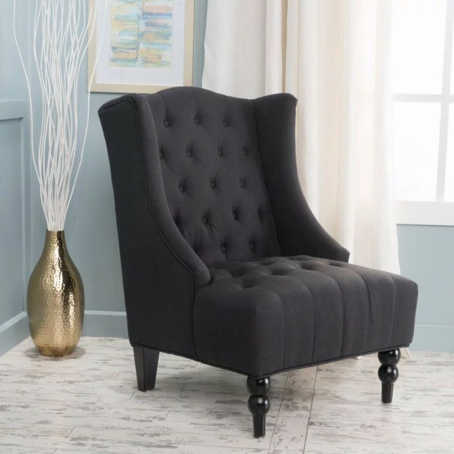 Chairs * | Gdfstudio Gdf Studio Adriana Tall Wingback Tufted Fabric Club Chair, Dark Charcoal
