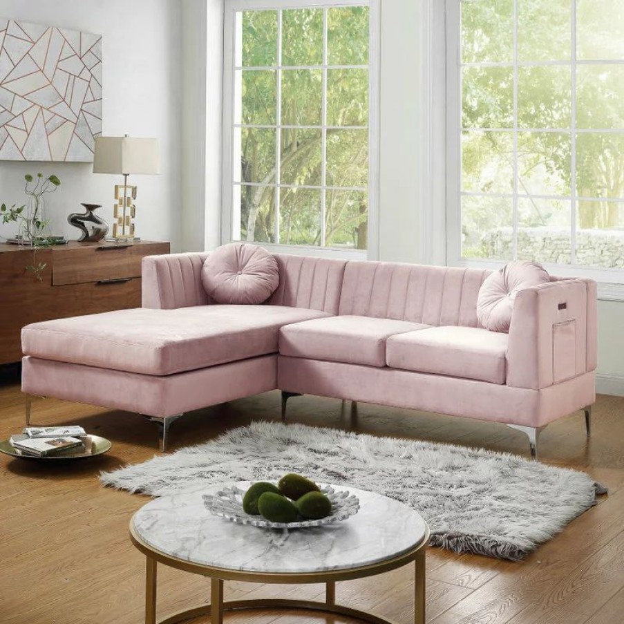 Sofas & Sectionals * | Lilola Home Chloe Velvet Sectional Sofa Chaise With Usb Charging Port, Pink