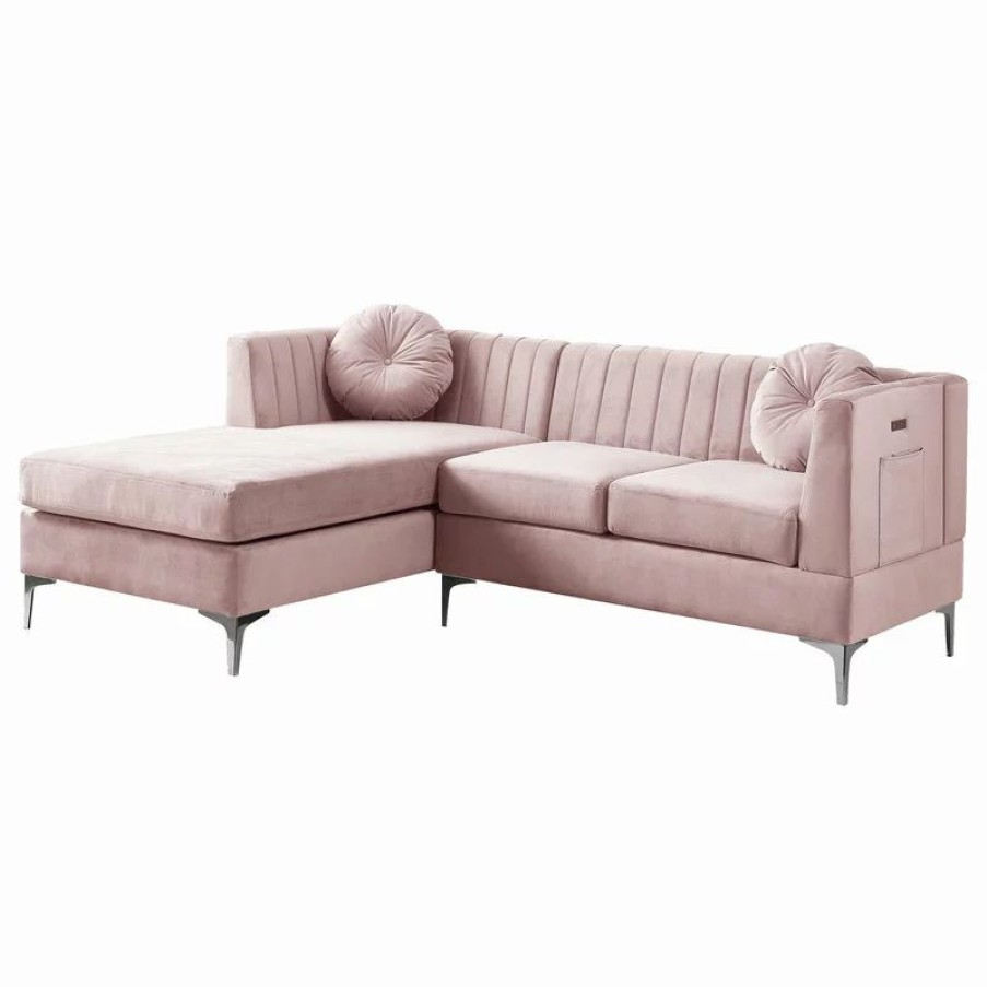 Sofas & Sectionals * | Lilola Home Chloe Velvet Sectional Sofa Chaise With Usb Charging Port, Pink