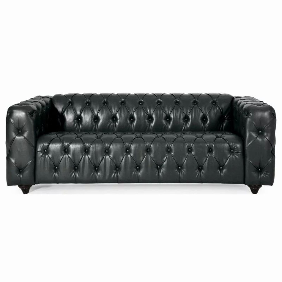 Sofas & Sectionals * | Gdfstudio Marengo Contemporary Tufted 3 Seater Sofa, Midnight + Espresso, Faux Leather
