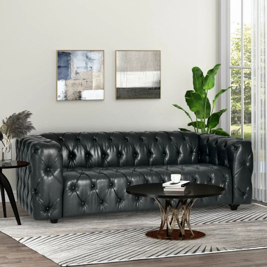 Sofas & Sectionals * | Gdfstudio Marengo Contemporary Tufted 3 Seater Sofa, Midnight + Espresso, Faux Leather