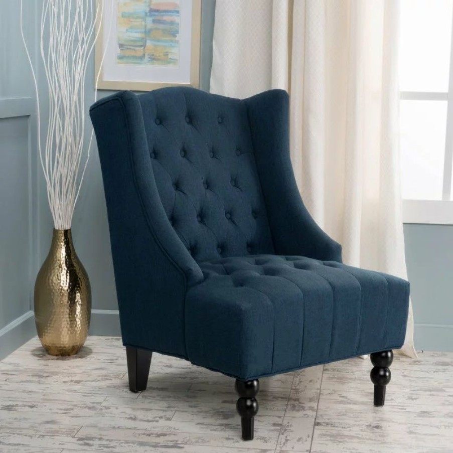 Chairs * | Gdfstudio Gdf Studio Adriana Tall Wingback Tufted Fabric Club Chair, Dark Blue