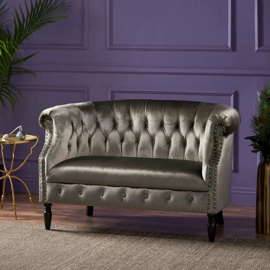 Sofas & Sectionals * | Gdfstudio Gdf Studio Melaina Tufted Scroll Arm New Velvet Loveseat, Gray