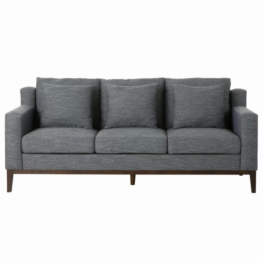 Sofas & Sectionals * | Gdfstudio Noxon Fabric 3 Seater Sofa With Accent Pillows, Charcoal + Dark Walnut