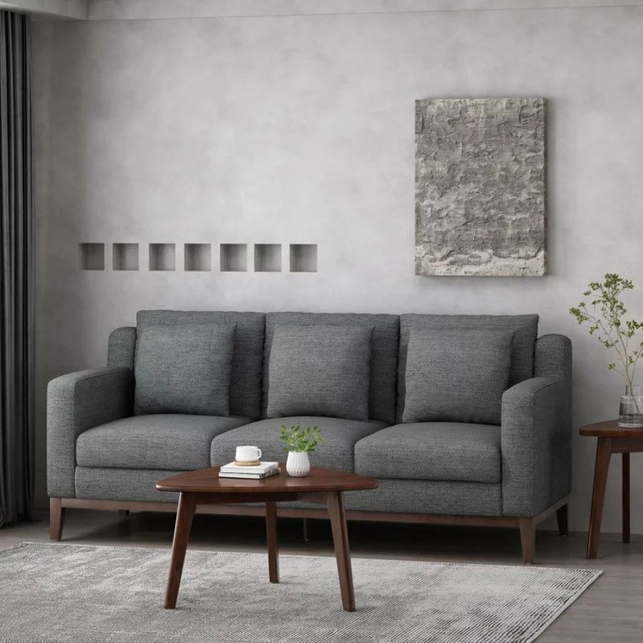 Sofas & Sectionals * | Gdfstudio Noxon Fabric 3 Seater Sofa With Accent Pillows, Charcoal + Dark Walnut