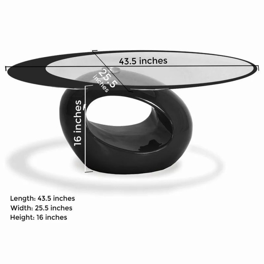 Coffee & Accent Tables * | Fab Glass And Mirror Stylish Oval Shape Coffee Table, Black