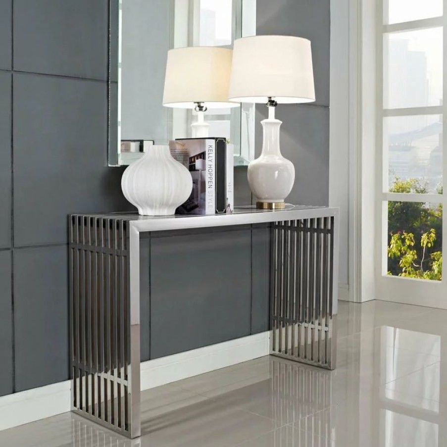 Console Tables * | Lexmod Gridiron Stainless Steel Console Table, Silver