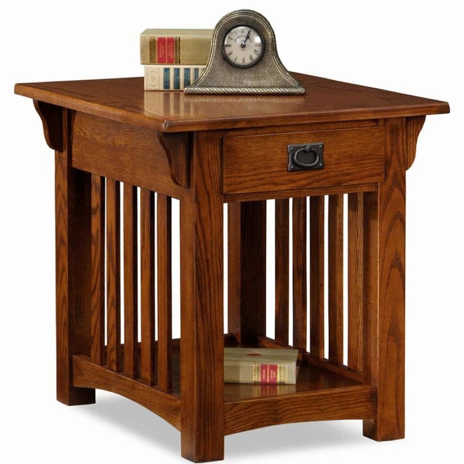 Coffee & Accent Tables * | Leick Home Leick Furniture Wood Mission End Table With Storage Drawer And Shelf In Oak