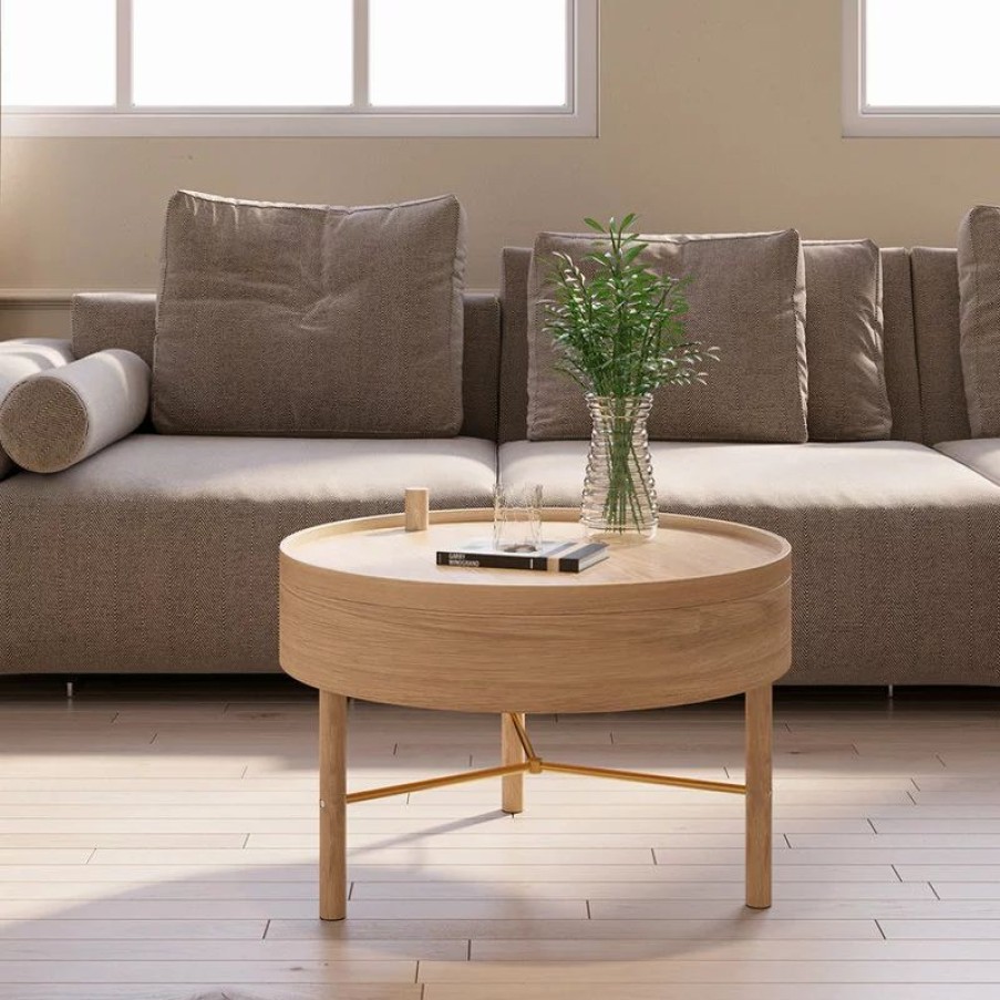 Coffee & Accent Tables * | Homary Modern Round Wood Rotating Tray Coffee Table With Storage, Natural