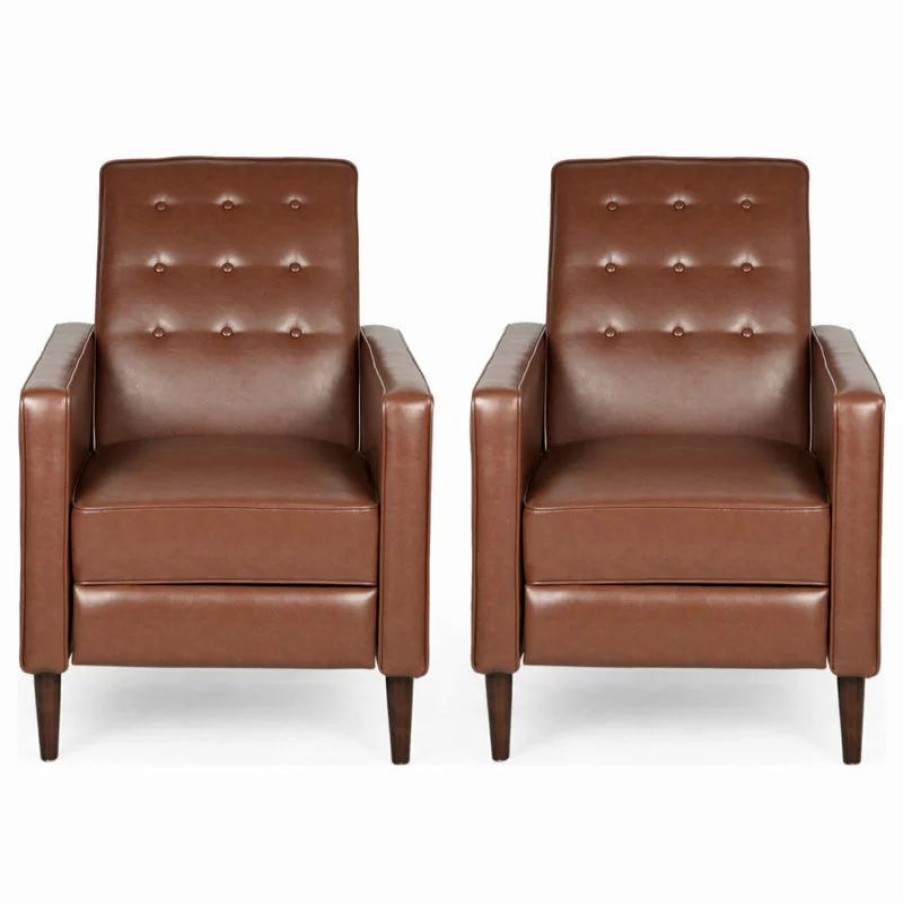 Chairs * | Gdfstudio Marston Mid-Century Modern Button Tufted Fabric Recliner, Set Of 2, Faux Leather/Cognac Brown/Dark Brown