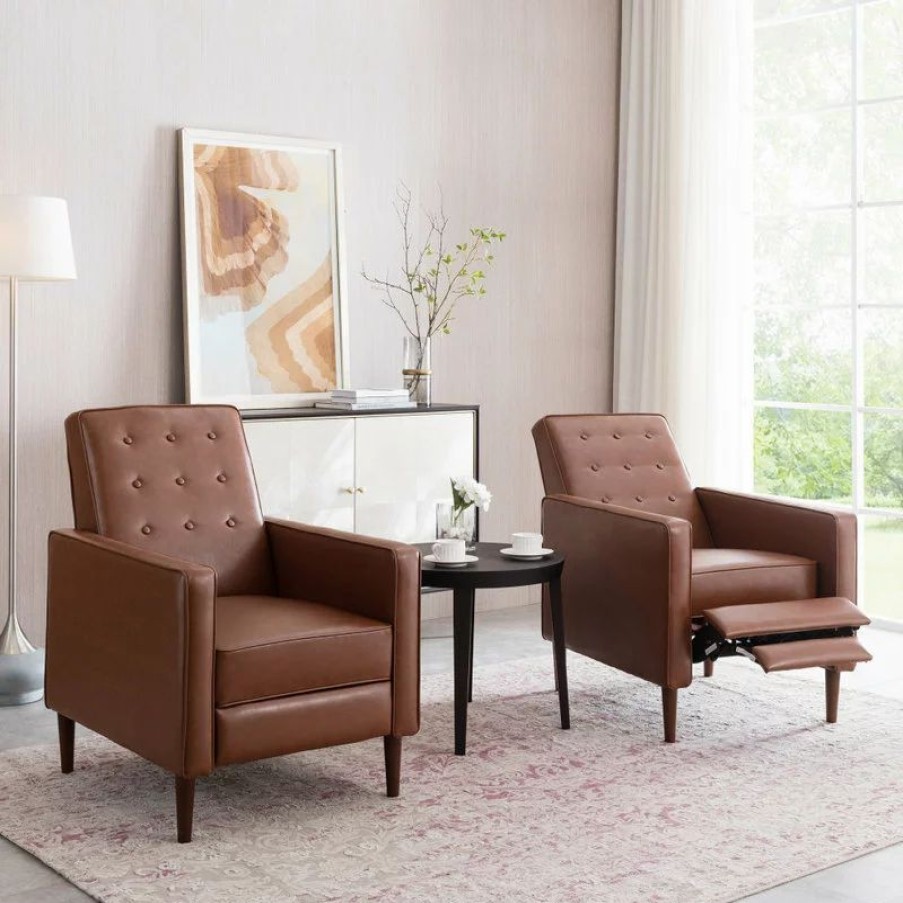 Chairs * | Gdfstudio Marston Mid-Century Modern Button Tufted Fabric Recliner, Set Of 2, Faux Leather/Cognac Brown/Dark Brown
