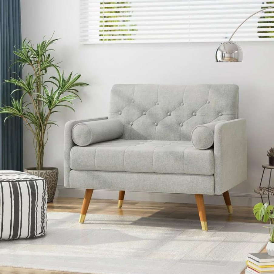 Chairs * | Gdfstudio Nour Fabric Mid-Century Modern Club Chair, Light Gray/Dark Walnut