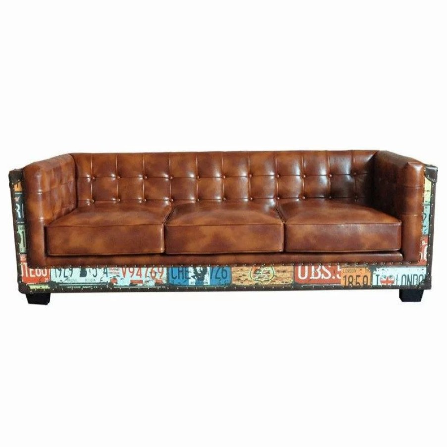 Sofas & Sectionals * | Homary Vintage Industrial Loft 3-Seater Sofa, Tufted Brown Faux Leather Upholstered