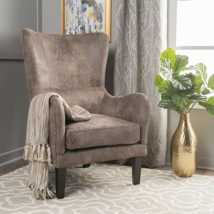 Chairs * | Gdfstudio Lorenzo Contemporary Wingback Club Chair With Nailhead Trim, Gray Brown