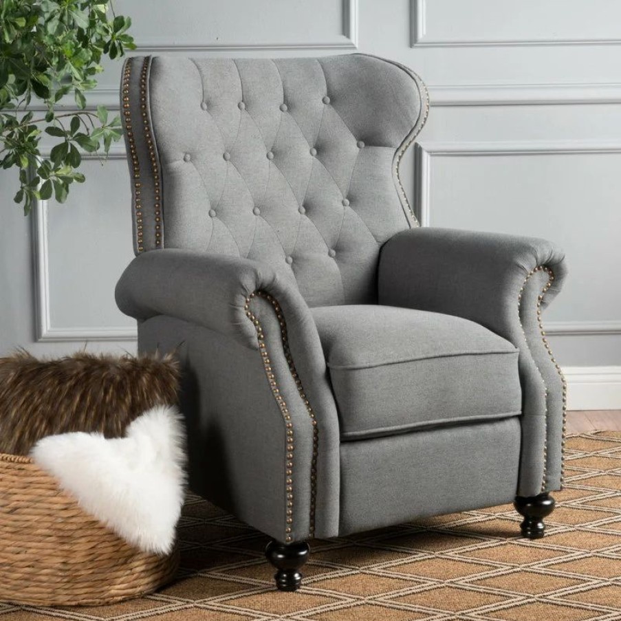 Chairs * | Gdfstudio Gdf Studio Walder Contemporary Tufted Fabric Recliner With Nailhead Trim, Charcoal