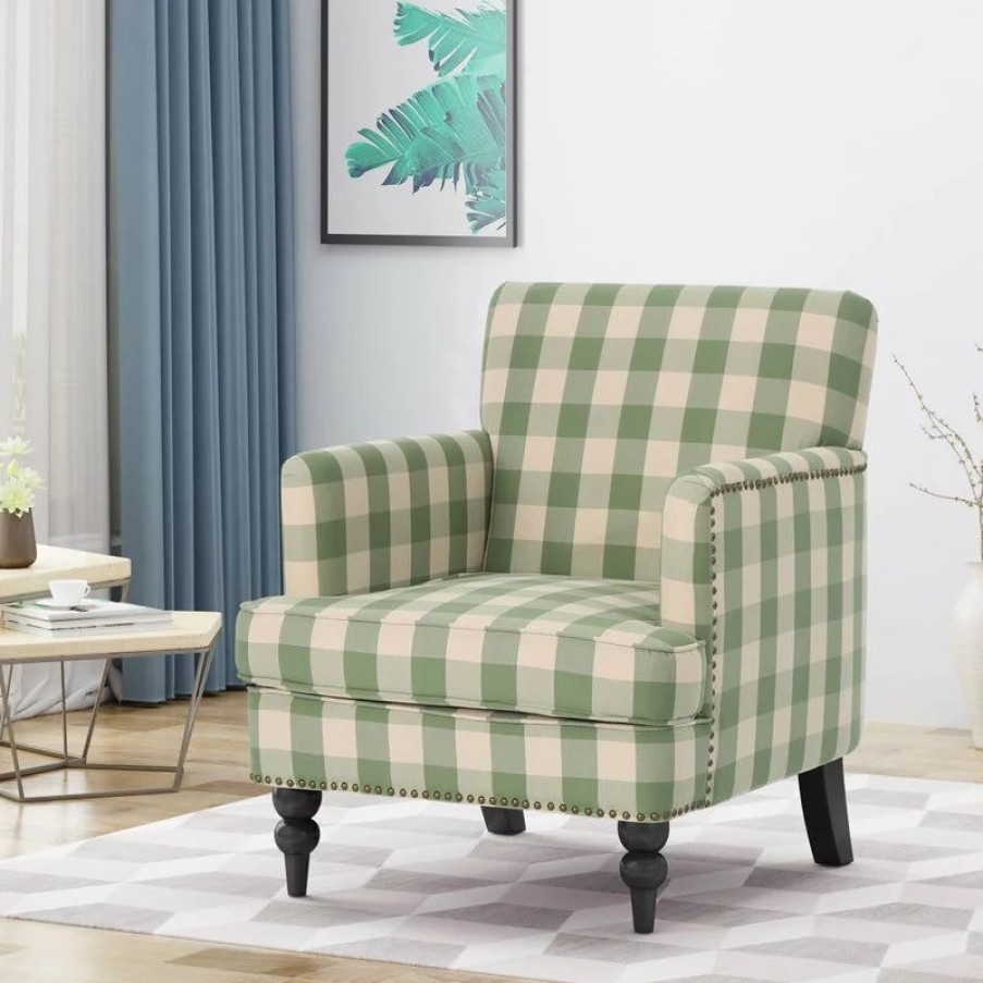 Chairs * | Gdfstudio Gdf Studio Eve Tufted Fabric Club Chair, Green Checkerboard/Dark Brown