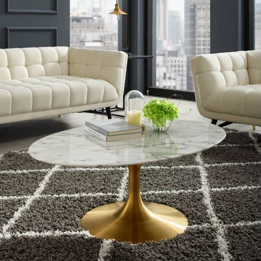 Coffee & Accent Tables * | Lexmod Lippa 42 Oval-Shaped Coffee Table With Gold Base, Marble Top