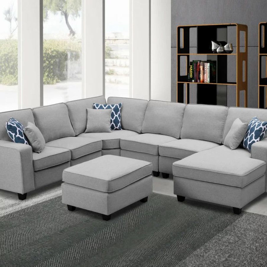 Sofas & Sectionals * | Lilola Home Willowleaf 7Pc Modular Sectional Sofa Chaise Ottoman, Light Gray Linen