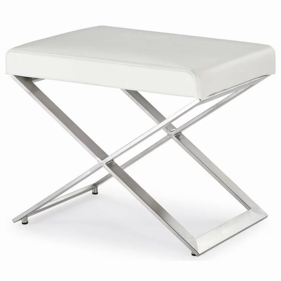 Footstools & Ottomans * | Zuri Furniture Modern Fenix Ottoman Smooth White Leatherette Brushed Stainless Steel Base