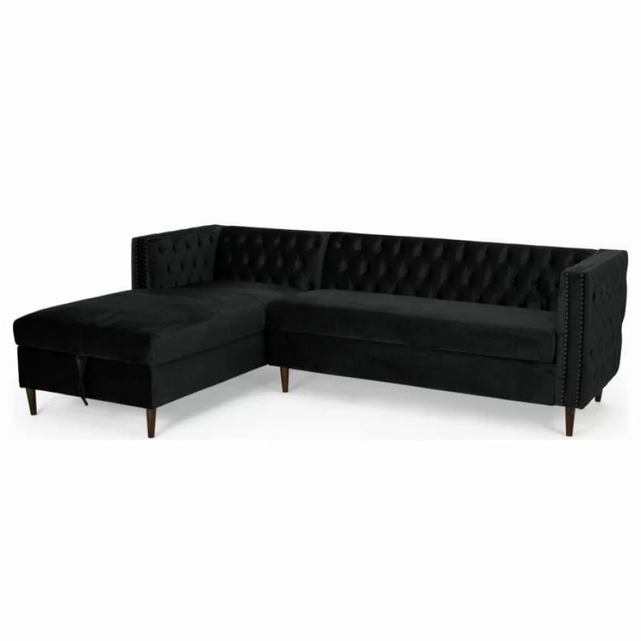 Sofas & Sectionals * | Gdfstudio Aryan Tufted Velvet Sectional Sofa With Storage Chaise, Black/Espresso