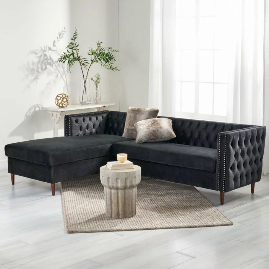 Sofas & Sectionals * | Gdfstudio Aryan Tufted Velvet Sectional Sofa With Storage Chaise, Black/Espresso