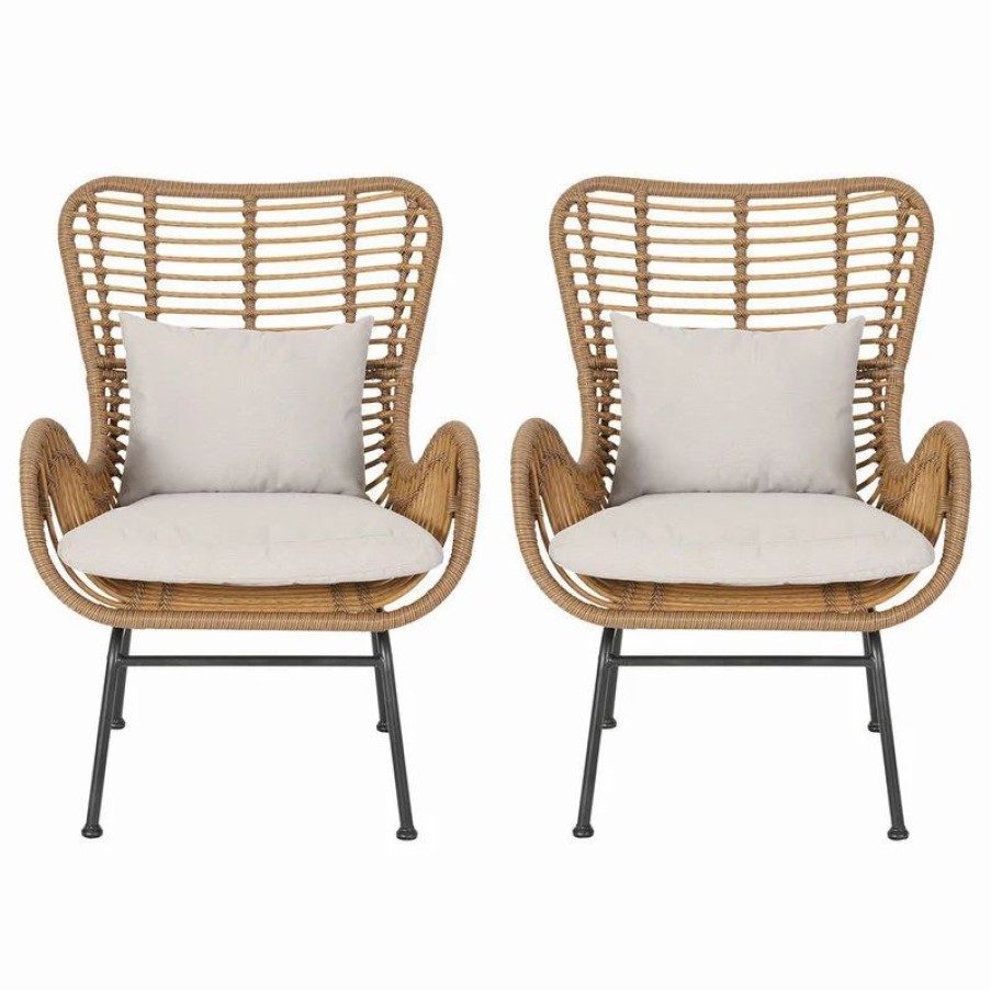 Chairs * | Gdfstudio Gloria Indoor Wicker Club Chairs With Cushions, Set Of 2, Light Brown/Black/Beig
