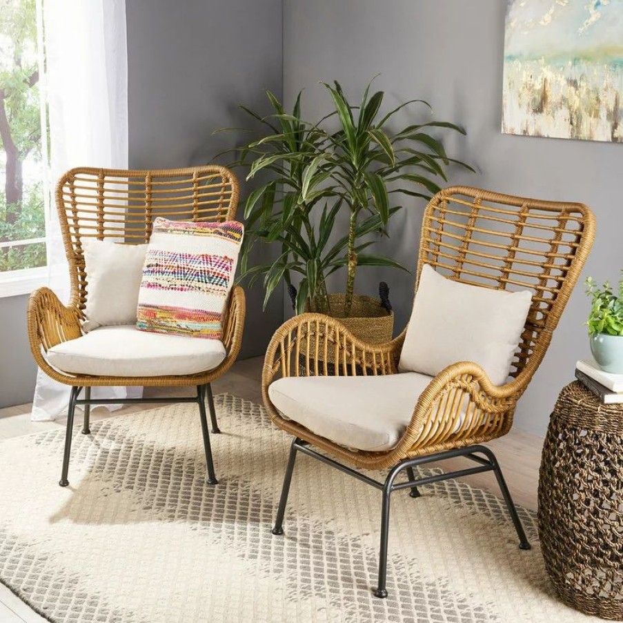 Chairs * | Gdfstudio Gloria Indoor Wicker Club Chairs With Cushions, Set Of 2, Light Brown/Black/Beig
