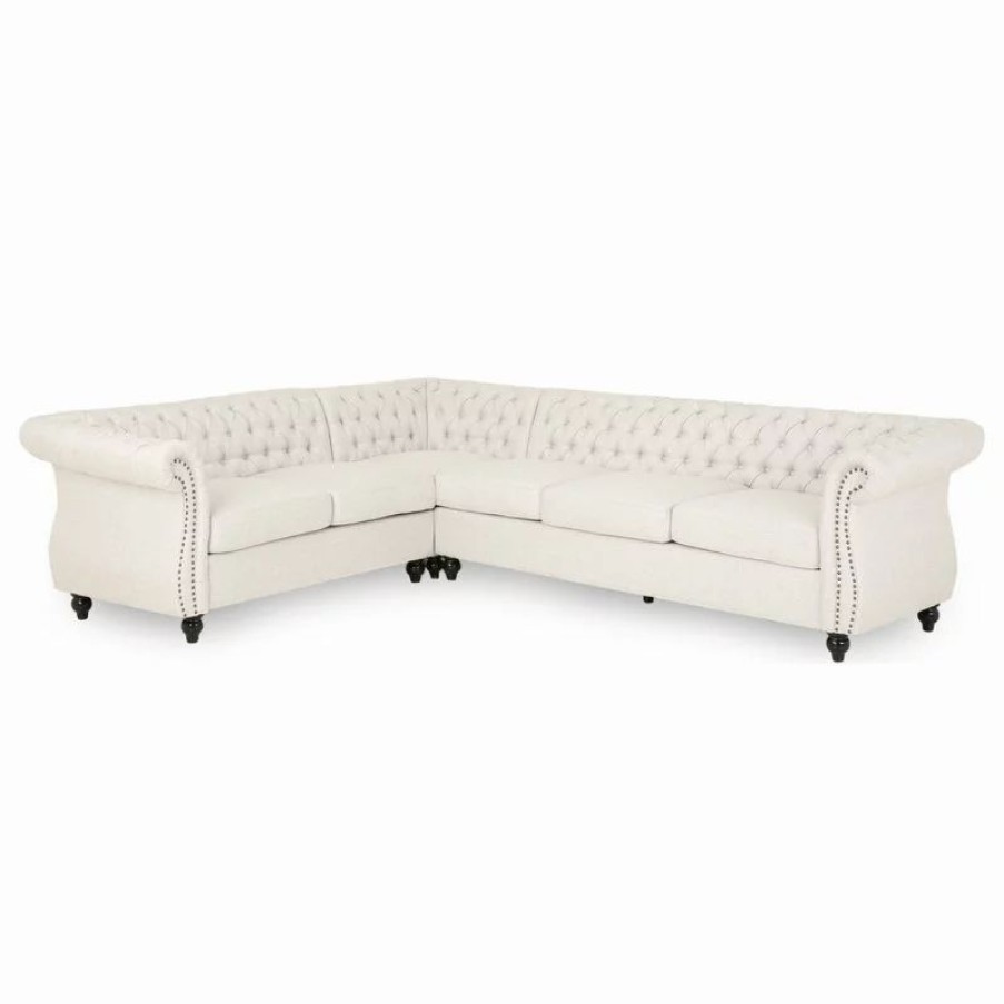 Sofas & Sectionals * | Gdfstudio Zenobia 6 Seater Velvet Tufted Chesterfield Sectional, Beige, Dark Brown