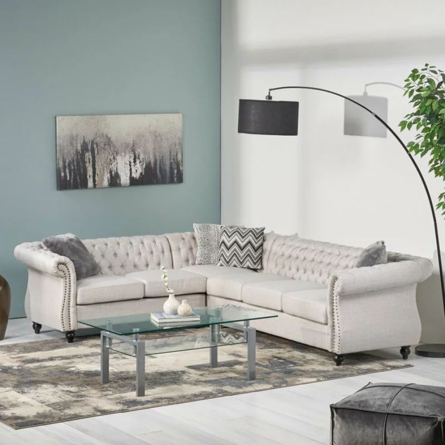 Sofas & Sectionals * | Gdfstudio Zenobia 6 Seater Velvet Tufted Chesterfield Sectional, Beige, Dark Brown