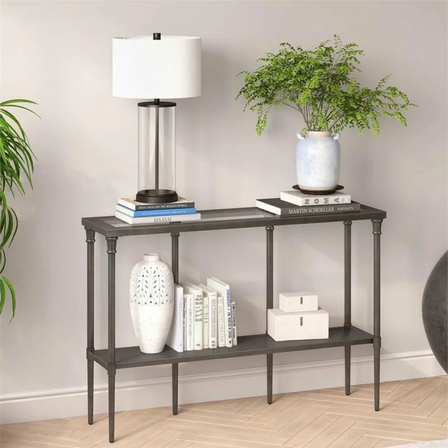 Console Tables * | Henn&Hart 45 Aged Steel Metal/Glass Console Table