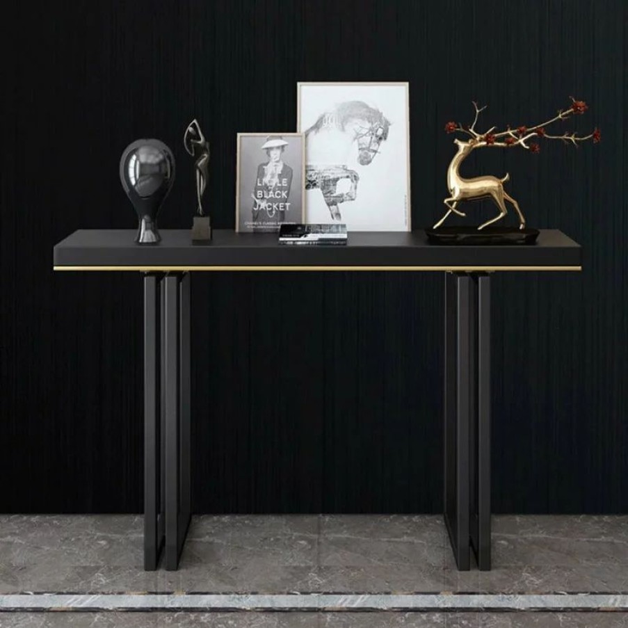 Console Tables * | Homary 39 Entry Accent Table Narrow Console Table Black Solid Wood & Metal In Small