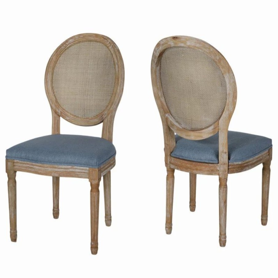 Chairs * | Gdfstudio Camilo Wooden Dining Chair With Wicker And Fabric Seating, Set Of 2, Light Blue