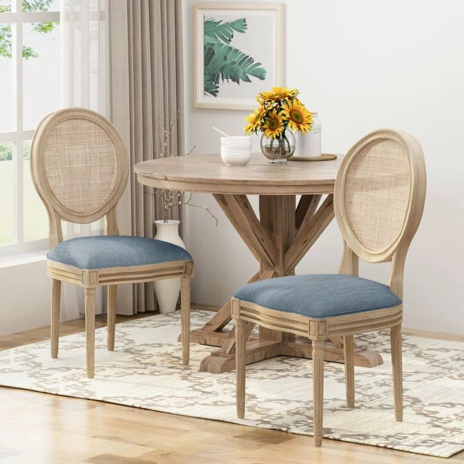Chairs * | Gdfstudio Camilo Wooden Dining Chair With Wicker And Fabric Seating, Set Of 2, Light Blue