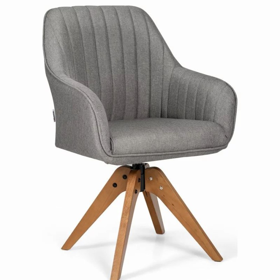 Chairs * | Costway Swivel Accent Chair Fabric Vanity Study Armchair W/Beech Wood Legs Gray