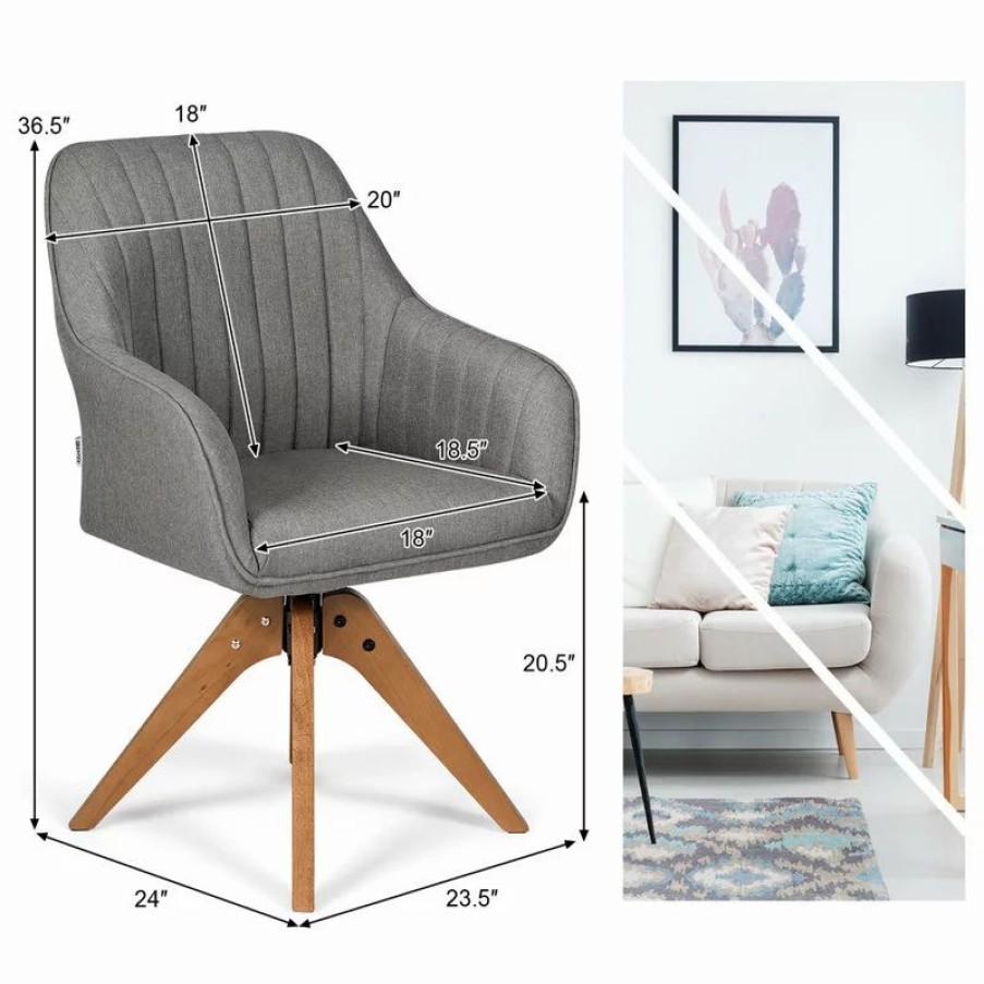 Chairs * | Costway Swivel Accent Chair Fabric Vanity Study Armchair W/Beech Wood Legs Gray